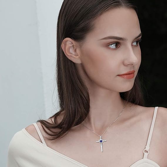 Sapphire Heart Stone Cross Necklace | White Gold